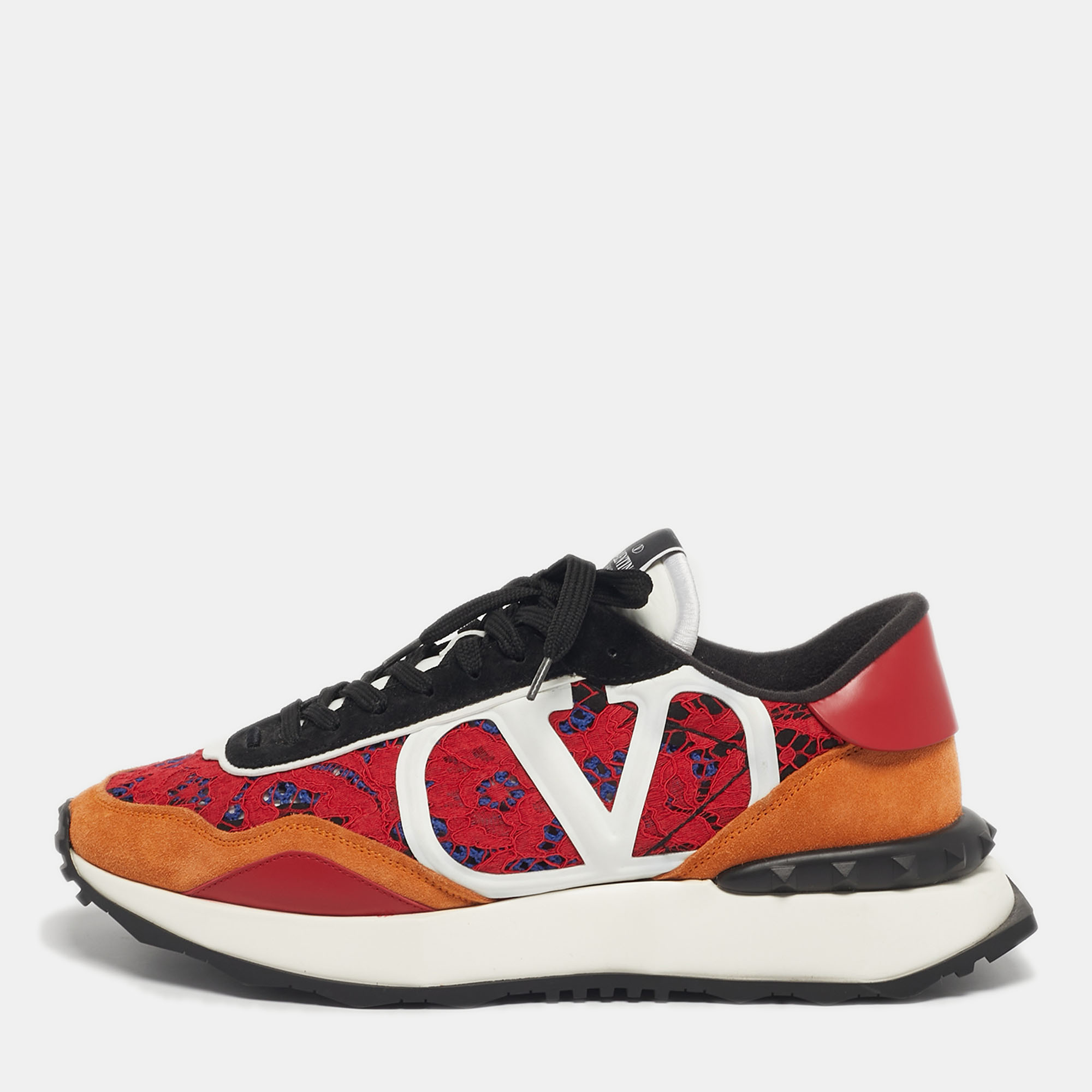 Pre-owned Valentino Garavani Multicolor Lace And Leather Lacerunner Lace Up Sneakers Size 44