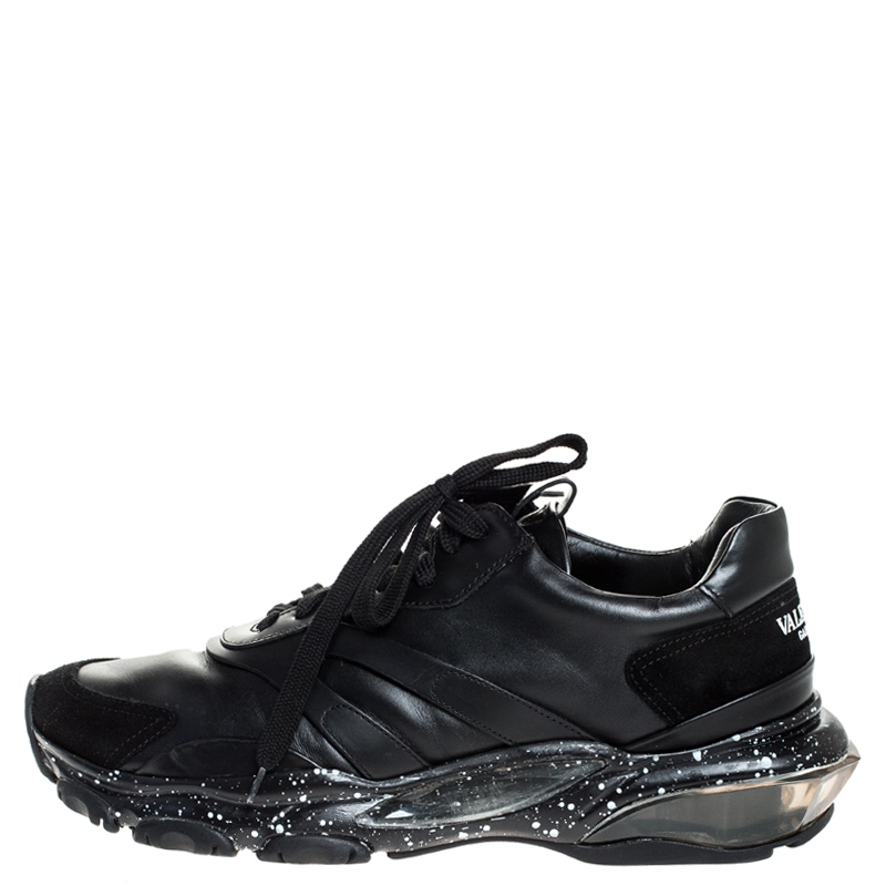 

Valentino Black Leather And Suede Bounce Low Top Lace Up Sneakers Size