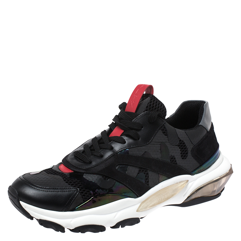 Pre Owned Valentino Black Leather And Suede Bounce Low Top Lace Up Sneakers Size 45