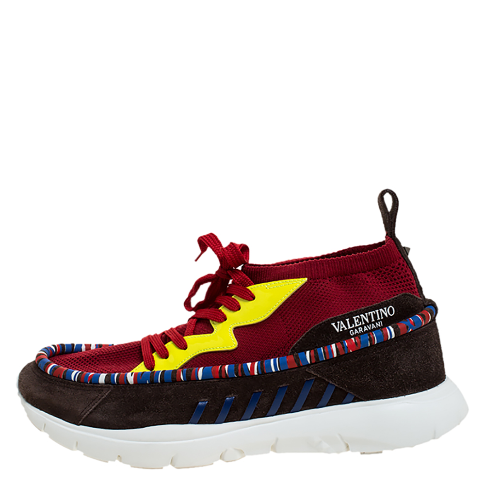 

Valentino Multicolor Knit Fabric, Suede And Patent Rockstud Lace Up Sneakers Size