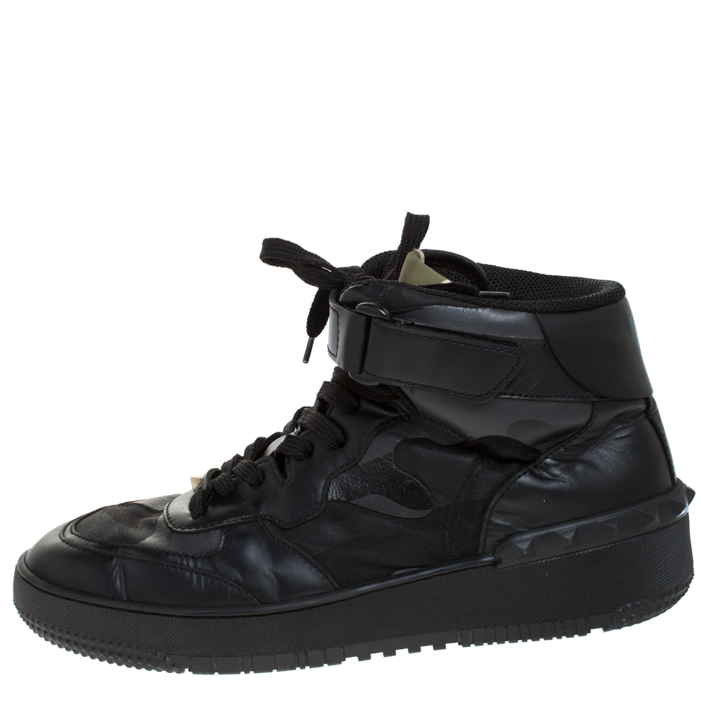 

Valentino Black Camouflage Print Canvas And Leather High Top Sneakers Size