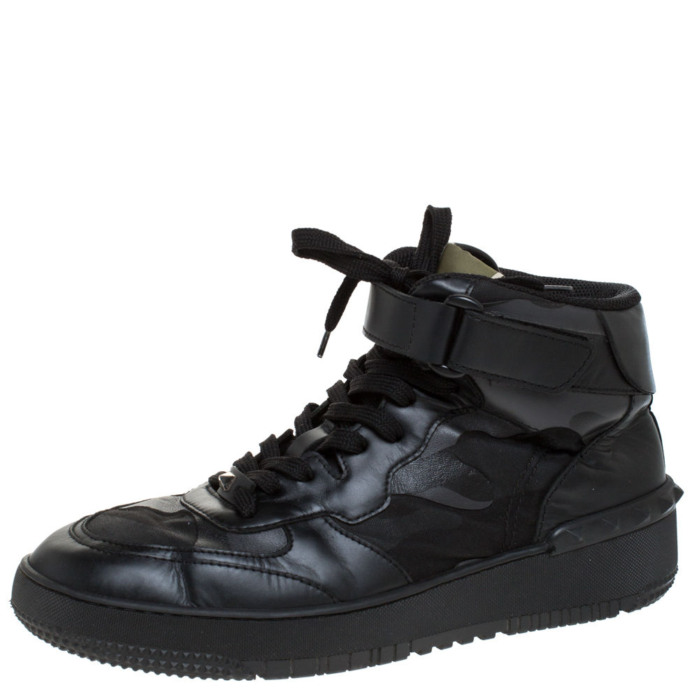 Pre Owned Valentino Black Camouflage Print Canvas And Leather High Top Sneakers Size 45