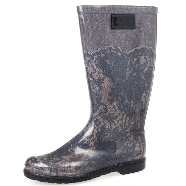 Valentino Lace Print Rubber Rain Boots 