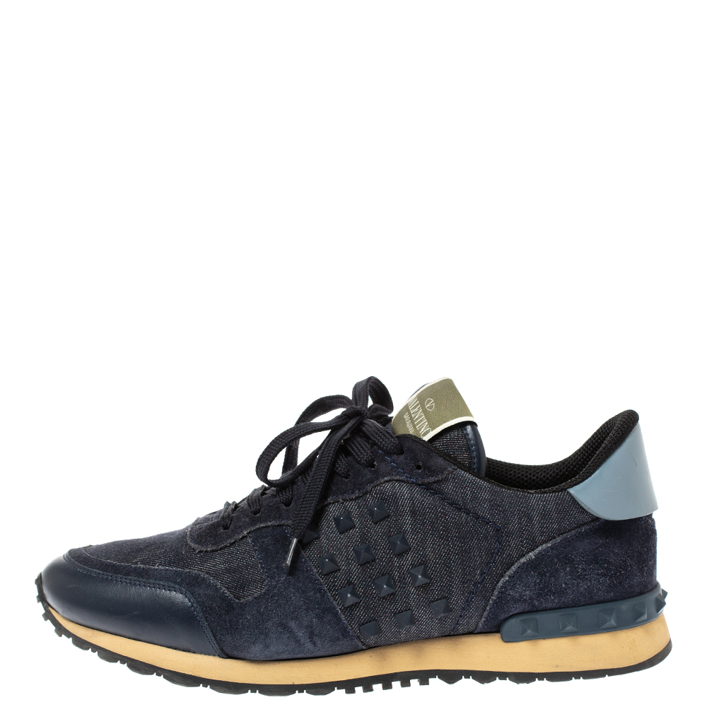 

Valentino Blue Denim, Leather and Suede Rockrunner Stud Sneakers Size