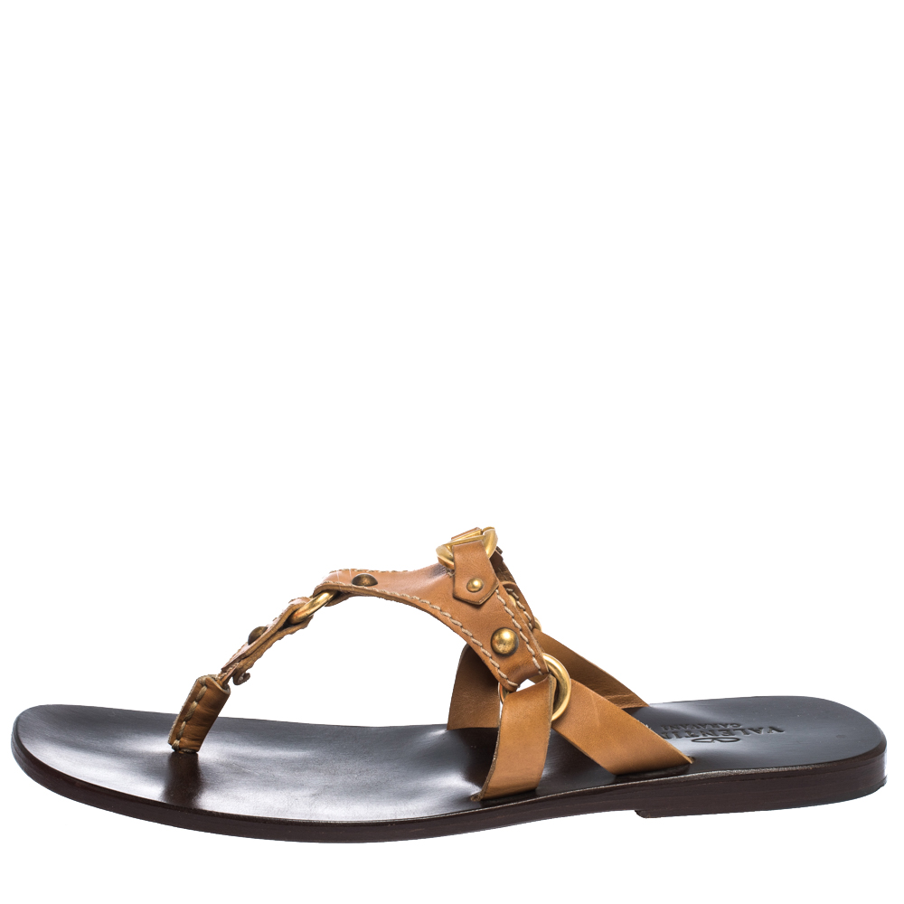 

Valentino Tan Leather V Logo Flat Thong Sandals Size