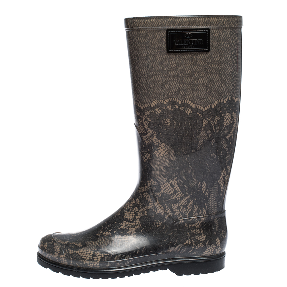 

Valentino Grey/Black Lace Print Rubber Rain Boots Size
