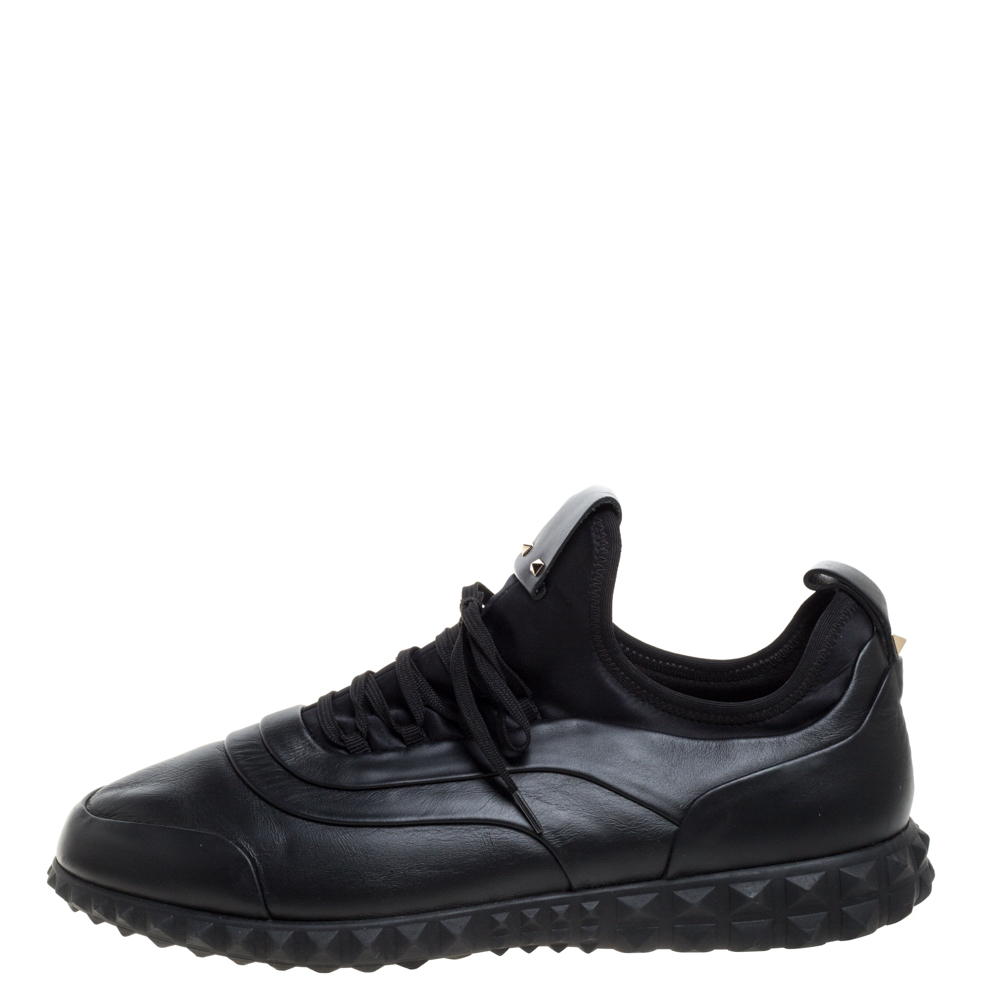 

Valentino Black Leather and Satin Bodytech with Stud Low Top Sneakers Size