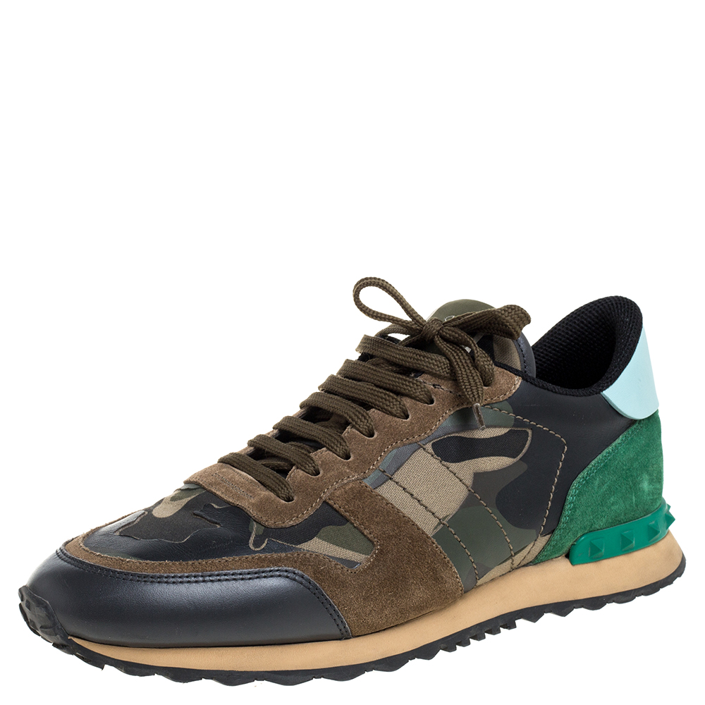 Valentino Green Camouflage Canvas And Suede Leather Rockrunner Low Top Sneakers Size 43.5