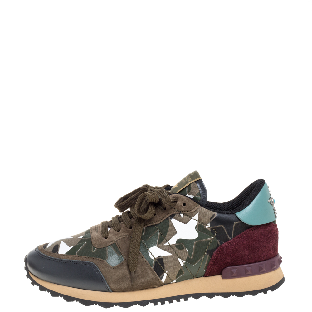 

Valentino Garavani Multicolor Leather/Suede and Canvas Camouflage Rockstud Star Low Top Sneakers Size