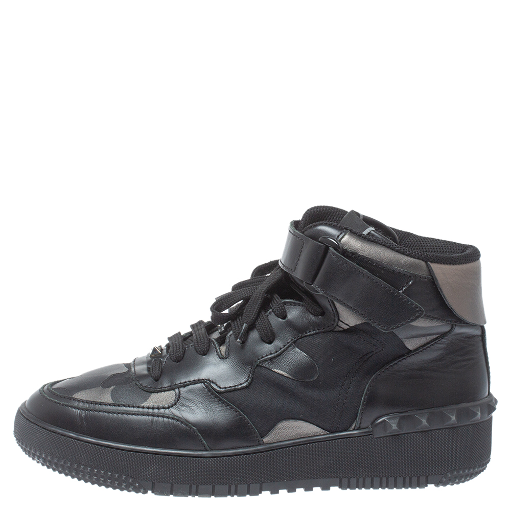 

Valentino Black Leather And Canvas Camouflage High Top Sneakers Size