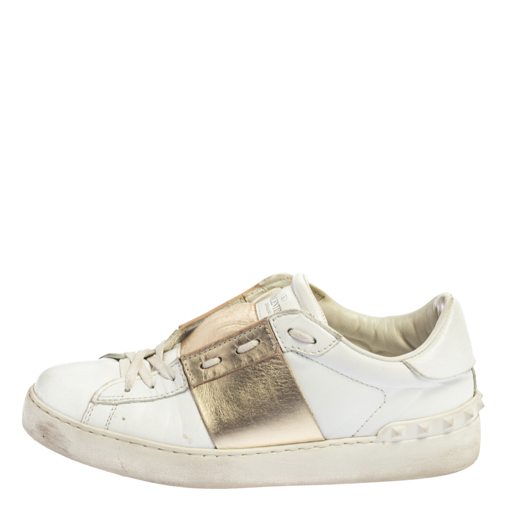 

Valentino Garavani White/Gold Band Leather Open Low Top Sneakers Size