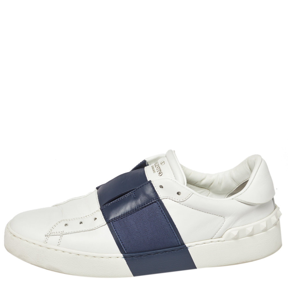 

Valentino Garavani White/Blue Band Leather Open Low Top Sneakers Size