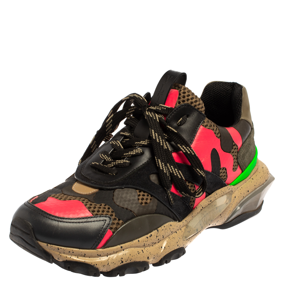 مملوكة مسبقًا Valentino Multicolor Mesh And Leather Camouflage Bounce Low Top Sneakers Size 41