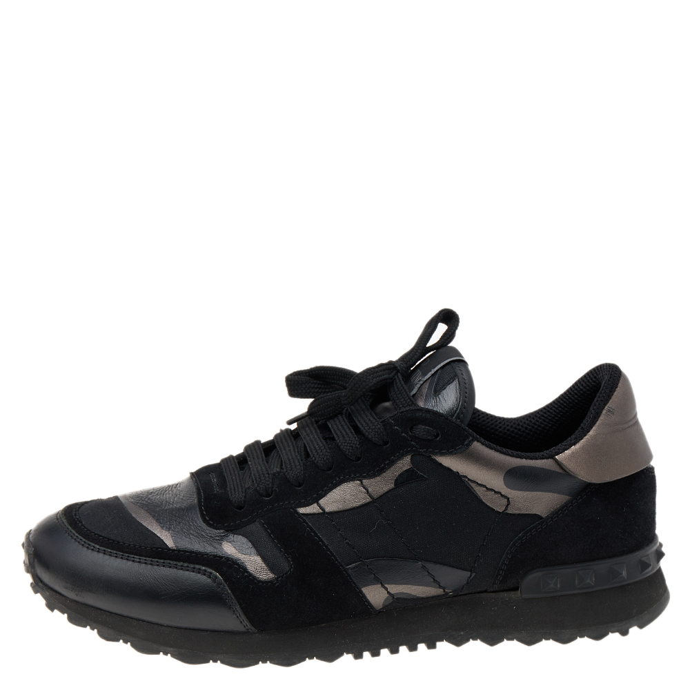 

Valentino Black Camouflage Leather And Canvas Rockrunner Low Top Sneakers Size