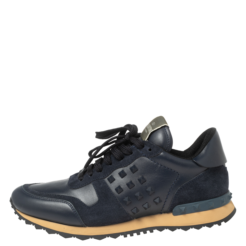 

Valentino Navy Blue Leather And Mesh Rockrunner Low-Top Sneakers Size