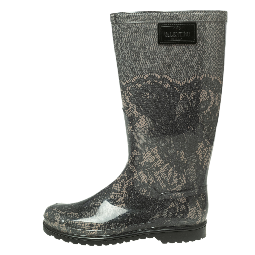 

Valentino Lace Print Rubber Rain Boots Size, Green
