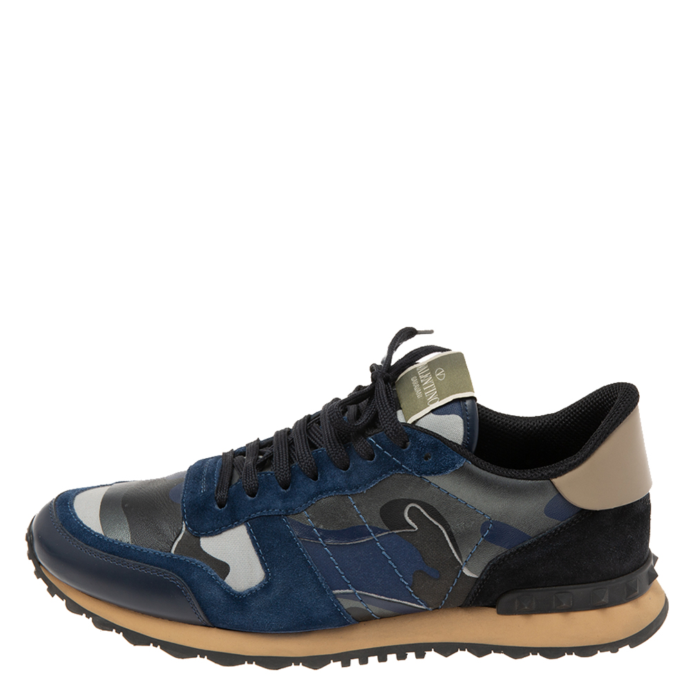 

Valentino Navy Blue/Black Camo Canvas, Leather and Suede Rockrunner Sneakers Size