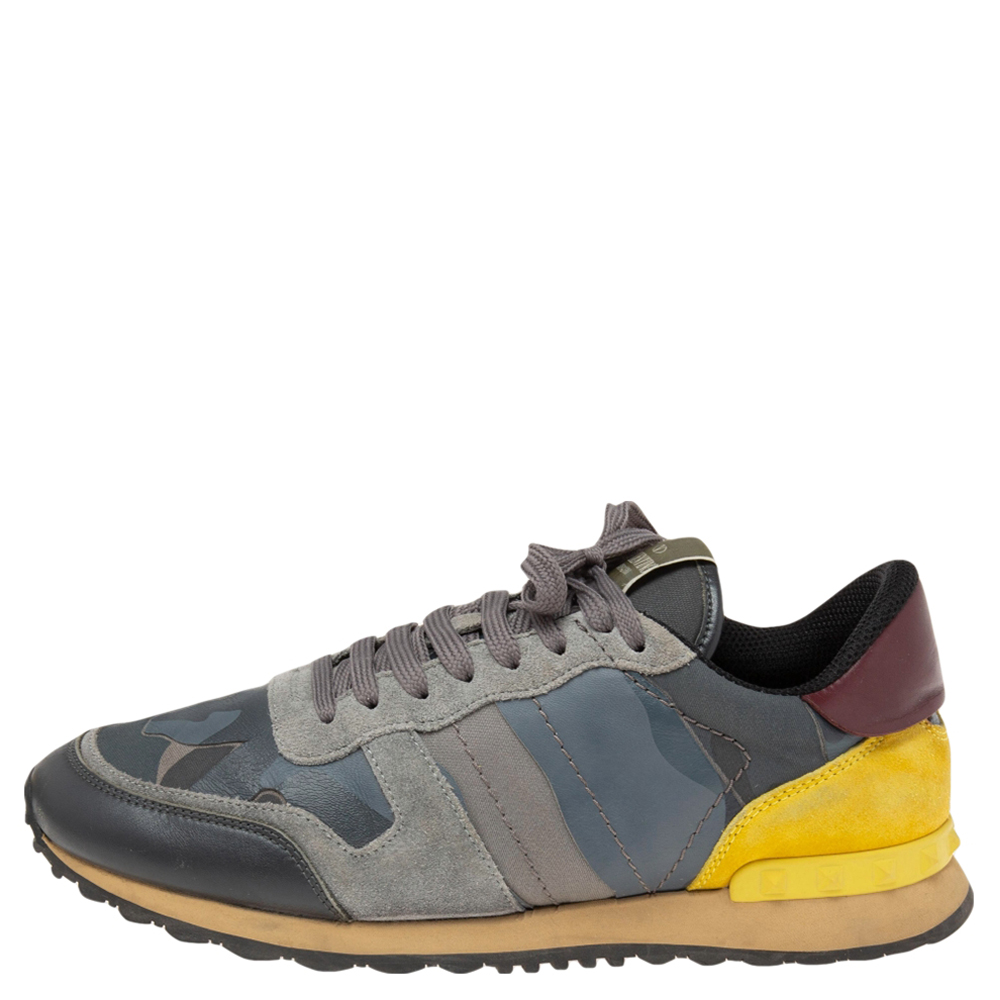 

Valentino Yellow/Grey Camo Leather and Suede Rockrunner Low-Top Sneakers Size