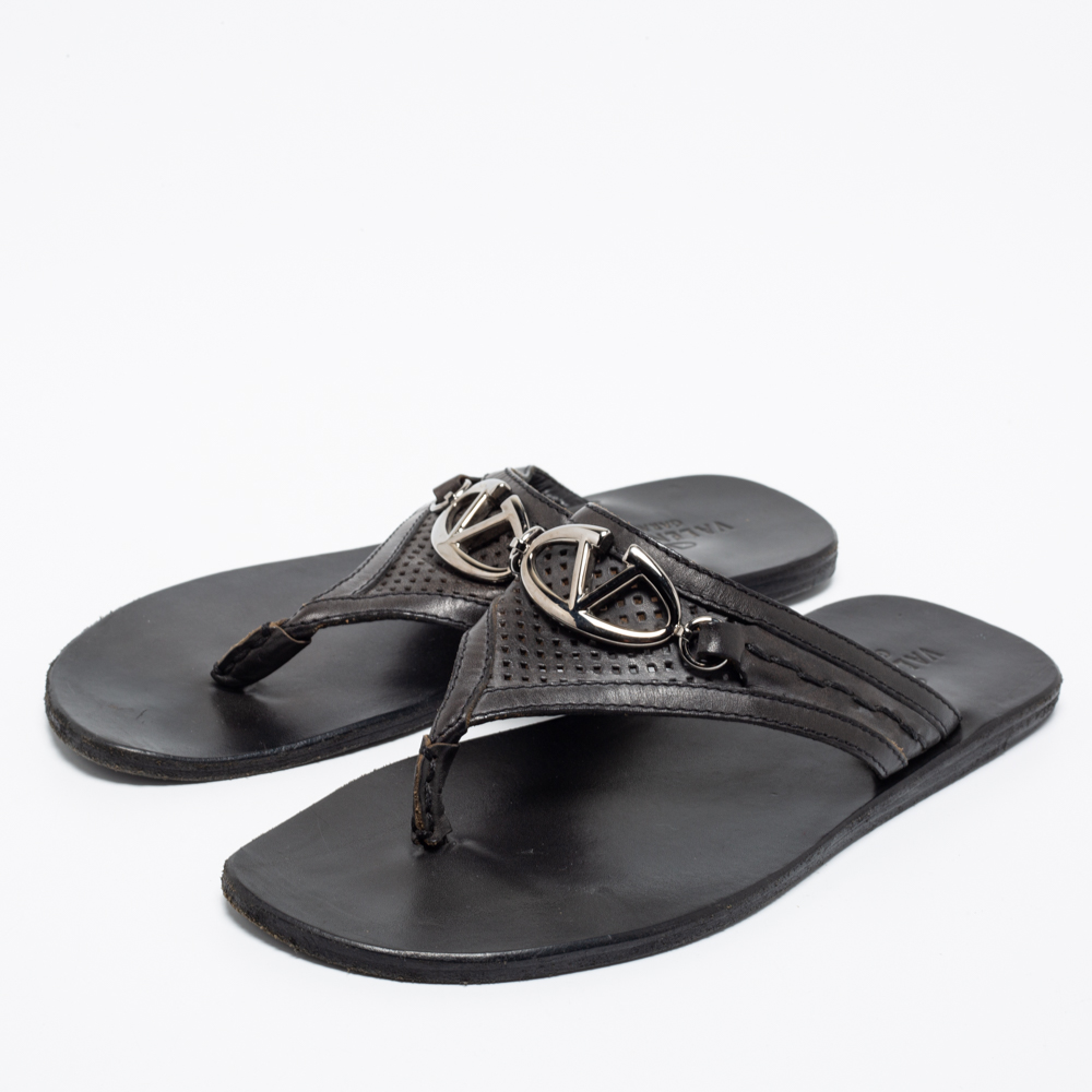 

Valentino Black Leather V Logo Thong Sandals Size
