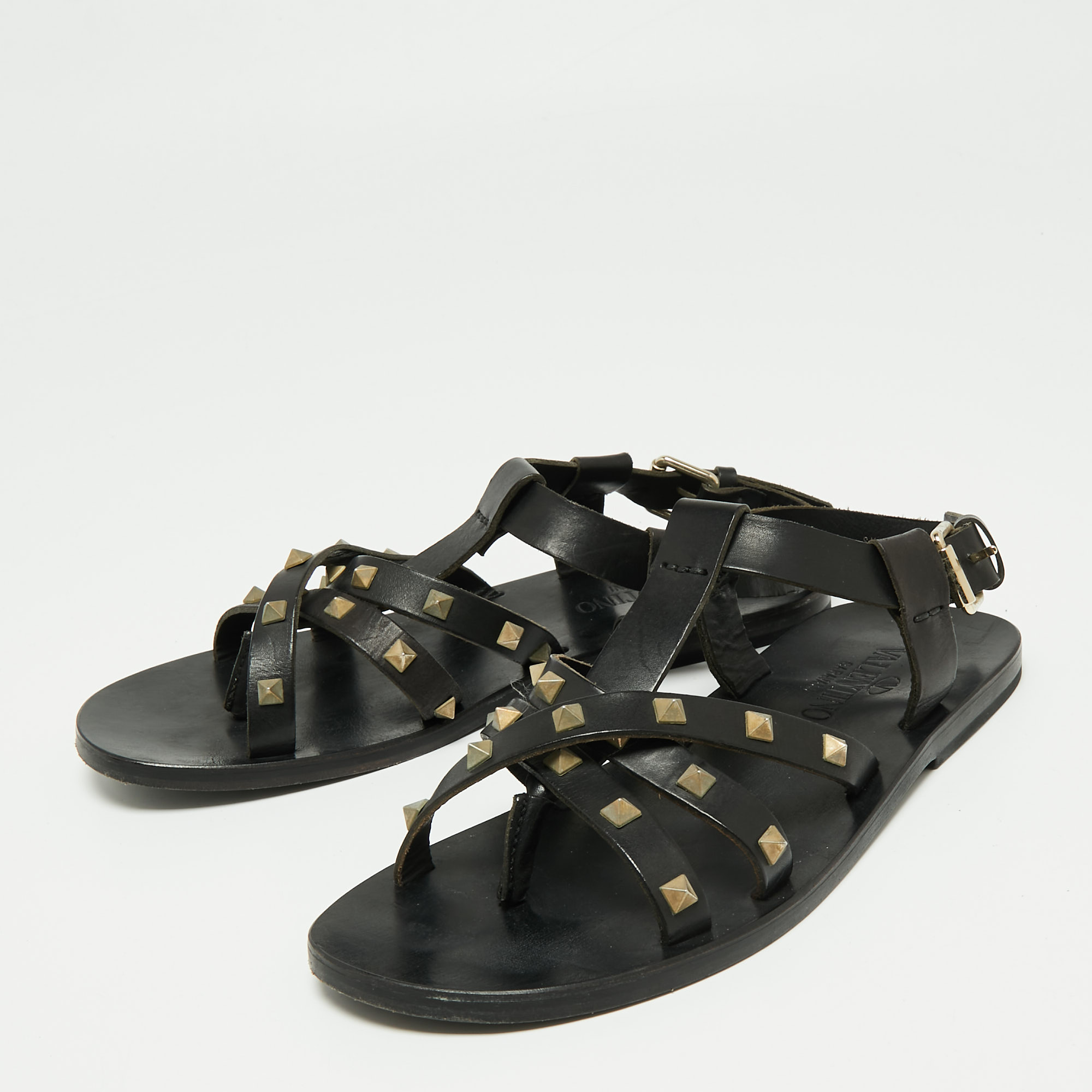 

Valentino Black Leather Rockstud Strappy Flat Sandals Size