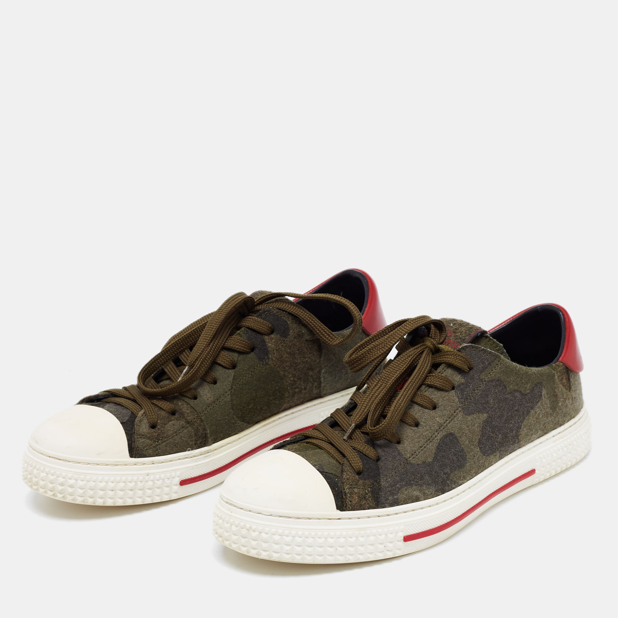 

Valentino Green Camouflage Print Wool And Rubber Cap Toe Low Top Sneakers Size