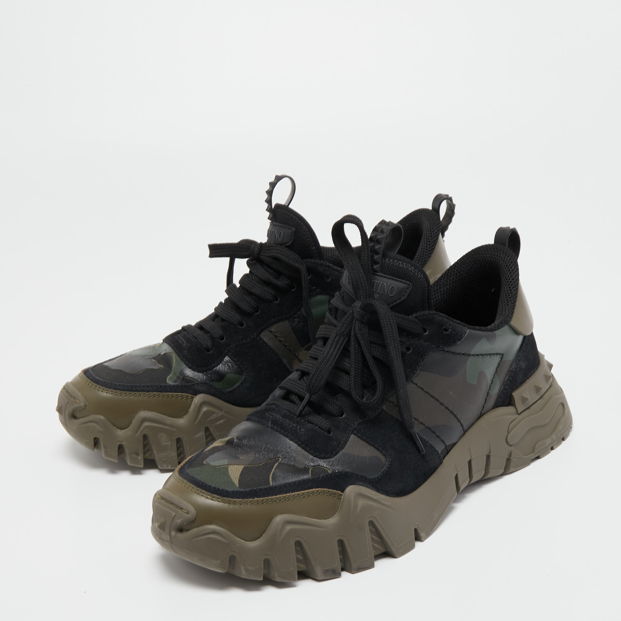 

Valentino Black/Olive Green Camo Print Canvas, Leather and Suede Rockrunner Plus Sneakers Size