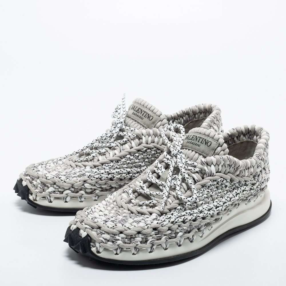 

Valentino Grey/White Knit Fabric Lace Up Sneakers Size