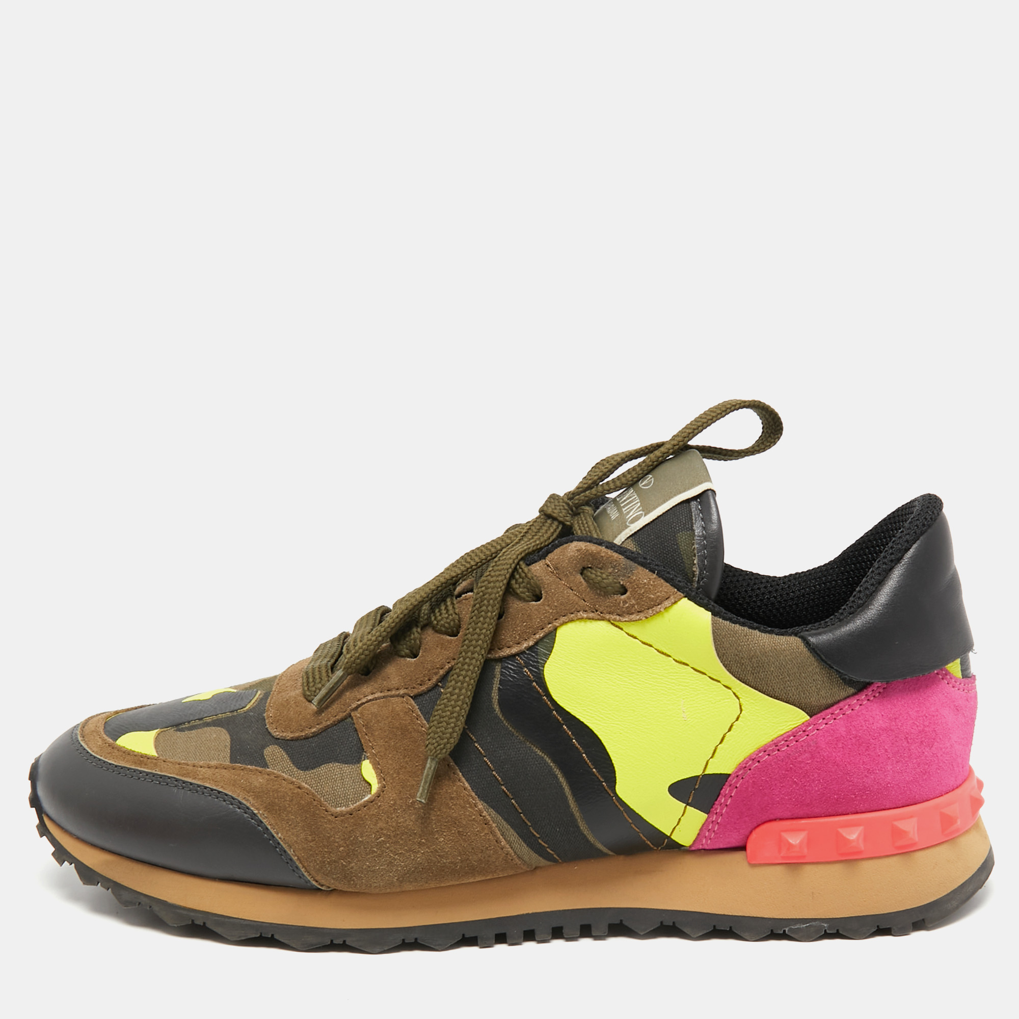 Pre-owned Valentino Garavani Multicolor Camo Print Canvas, Leather And Suede Rockrunner Sneakers Size 40