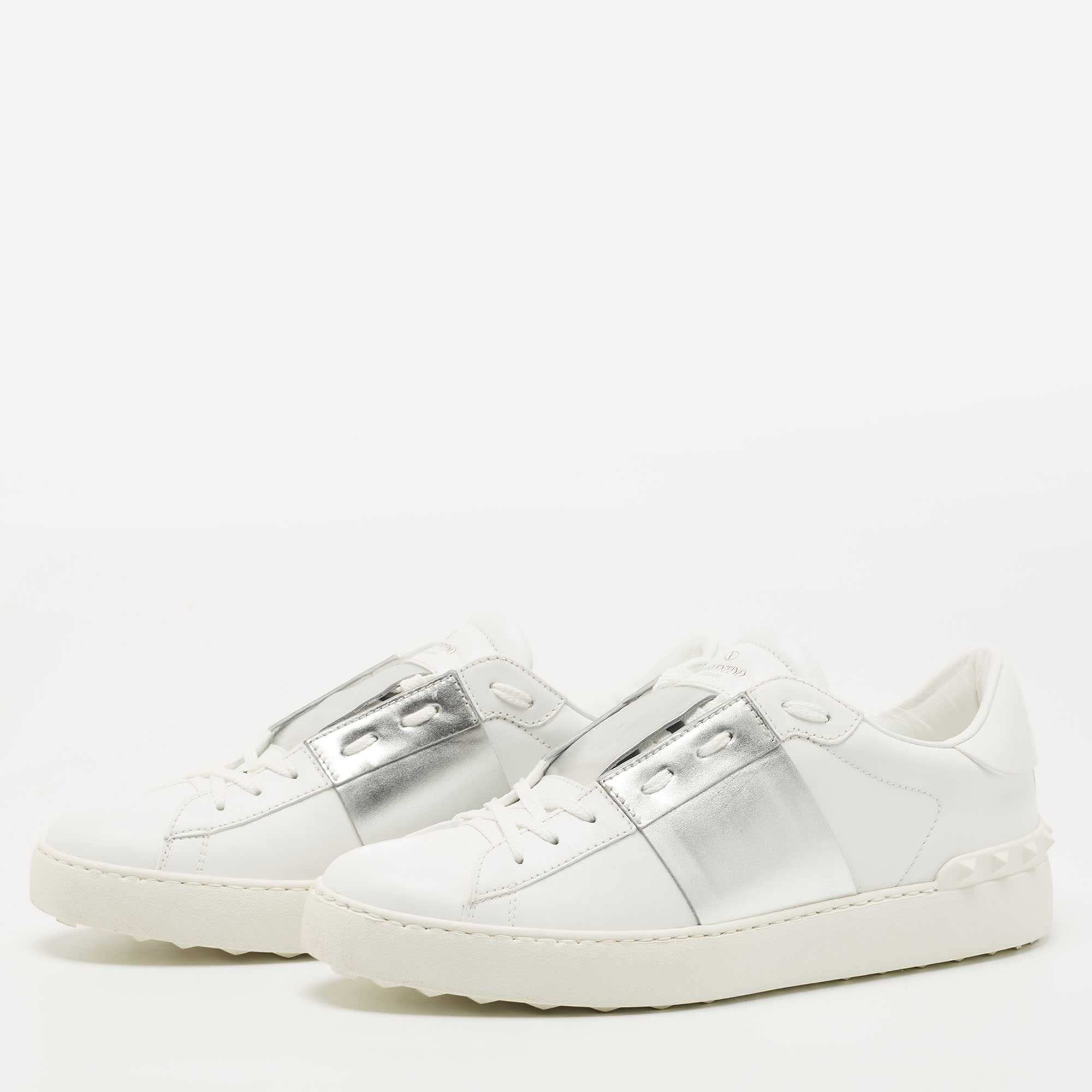 

Valentino White/Silver Leather Open Sneakers Size