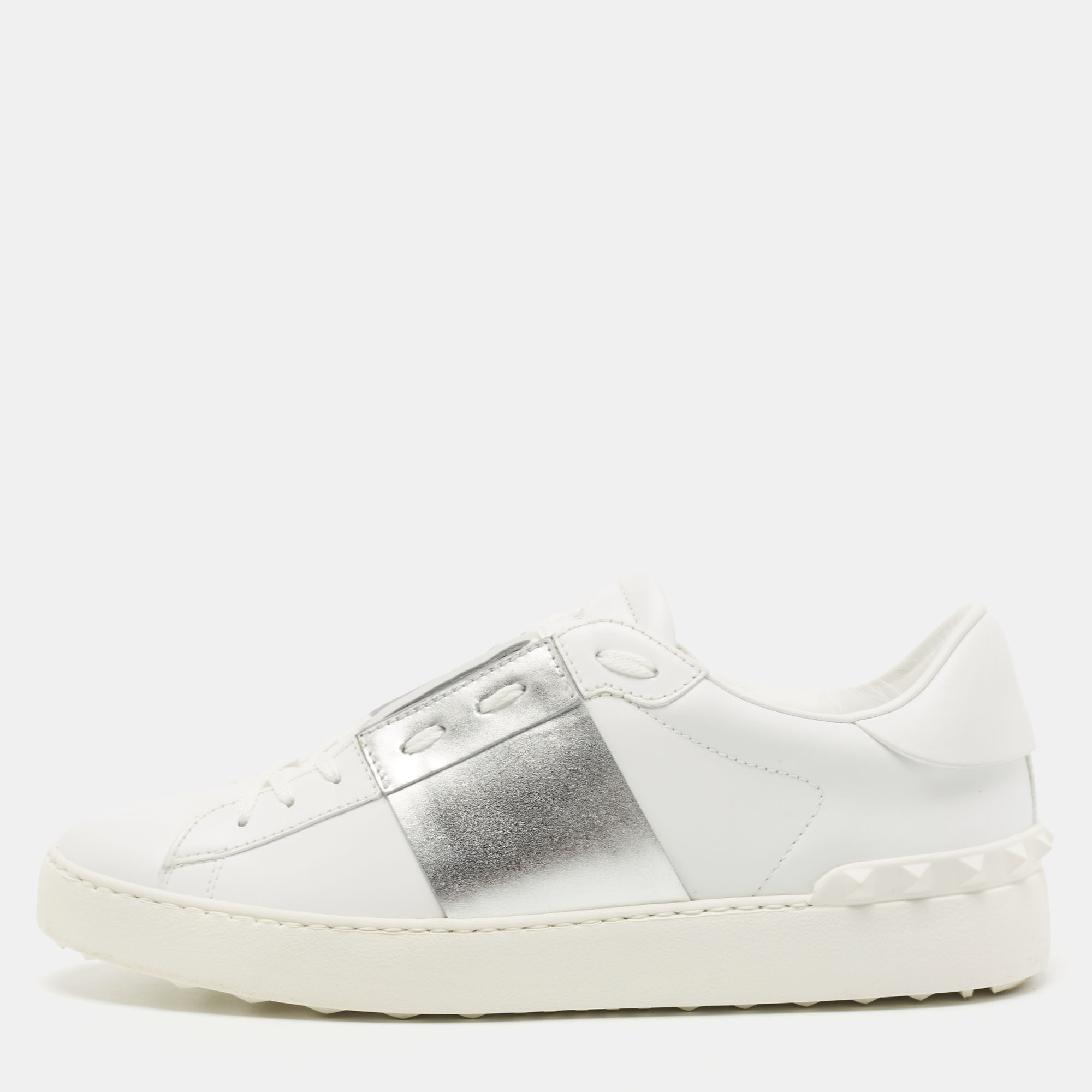 Pre-owned Valentino Garavani White/silver Leather Open Sneakers Size 41