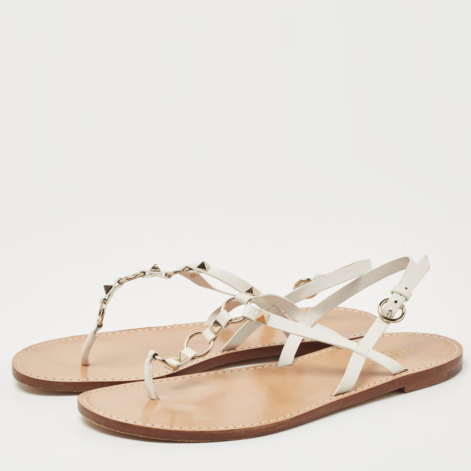 

Valentino White Leather Ankle Strap Flat Sandals Size