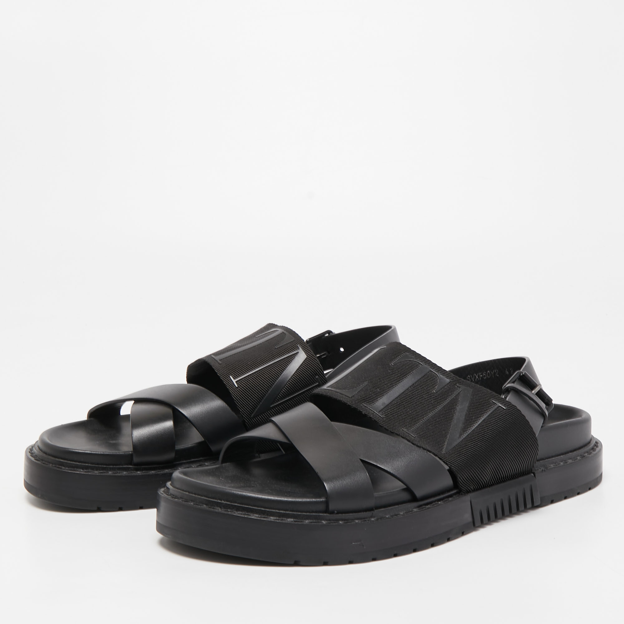 

Valentino Black Leather and Nylon VLTN Cross Strap Sandals Size