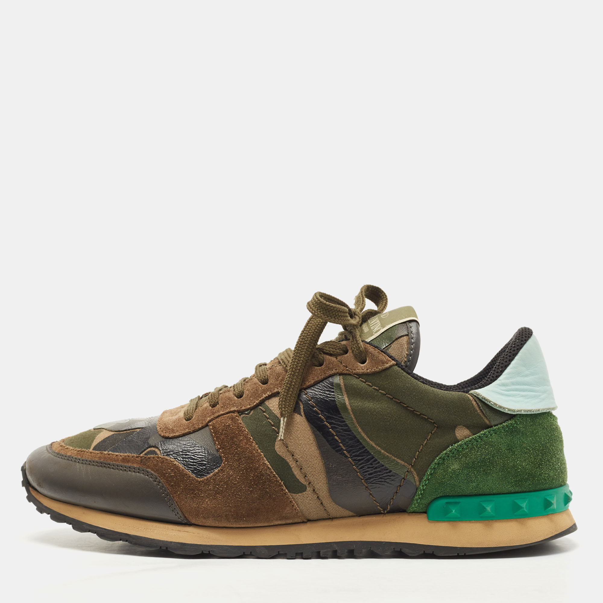 Pre-owned Valentino Garavani Tricolor Camo Print Canvas And Leather Rockrunner Sneakers Size 43 In Green
