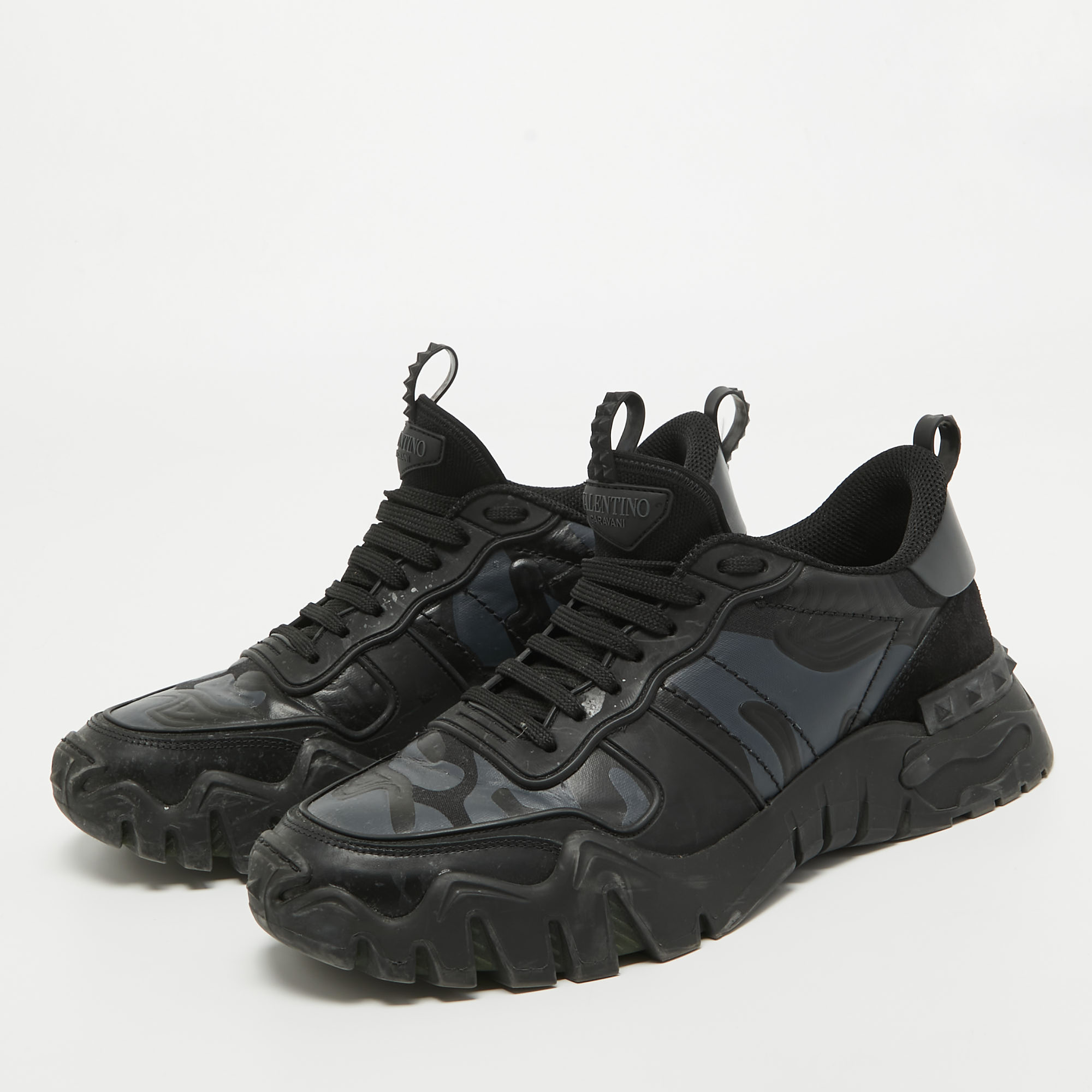 

Valentino Black Camo Print Canvas, Leather and Suede Rockrunner Sneakers Size