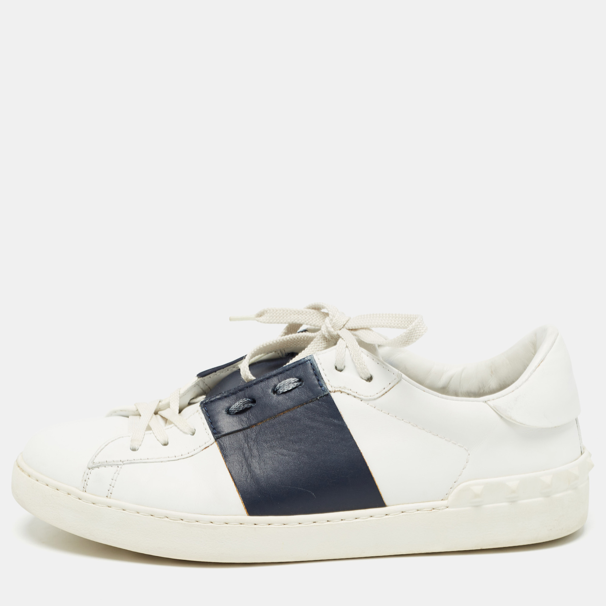 

Valentino White/Blue Leather Open Stud Lace Up Sneakers Size