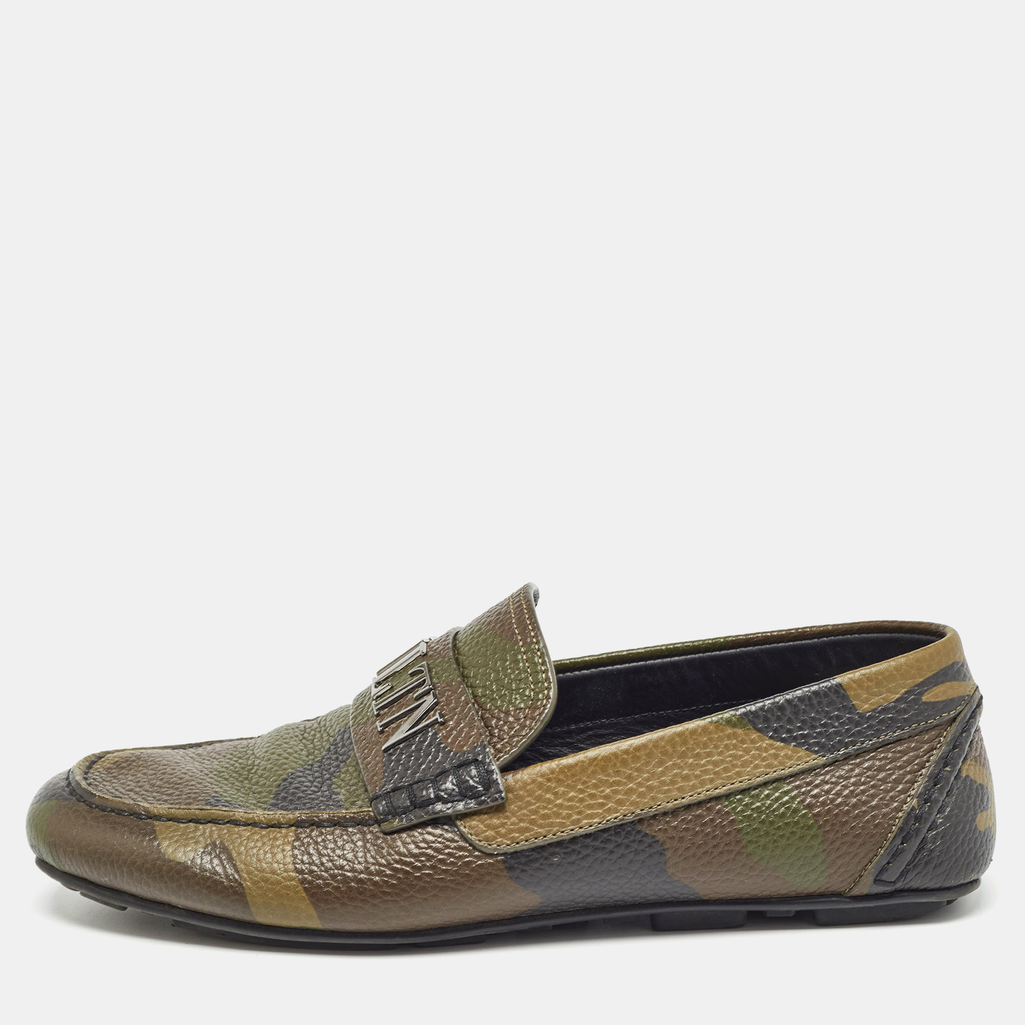 Pre-owned Valentino Garavani Tricolor Camouflage Print Leather Vltn Loafers Size 41 In Green