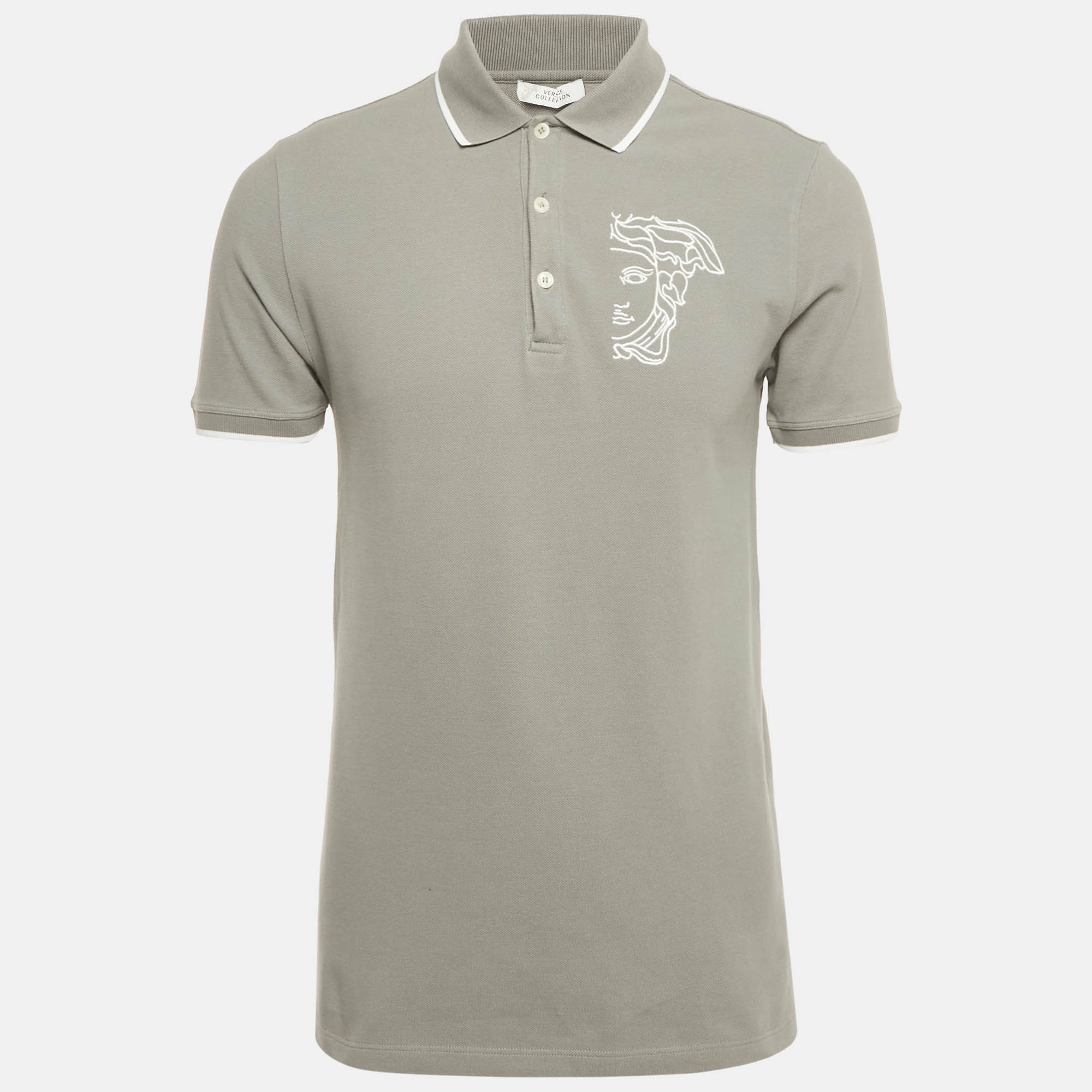 Versace Collection Grey Medusa Embroidered Cotton Polo T-Shirt M