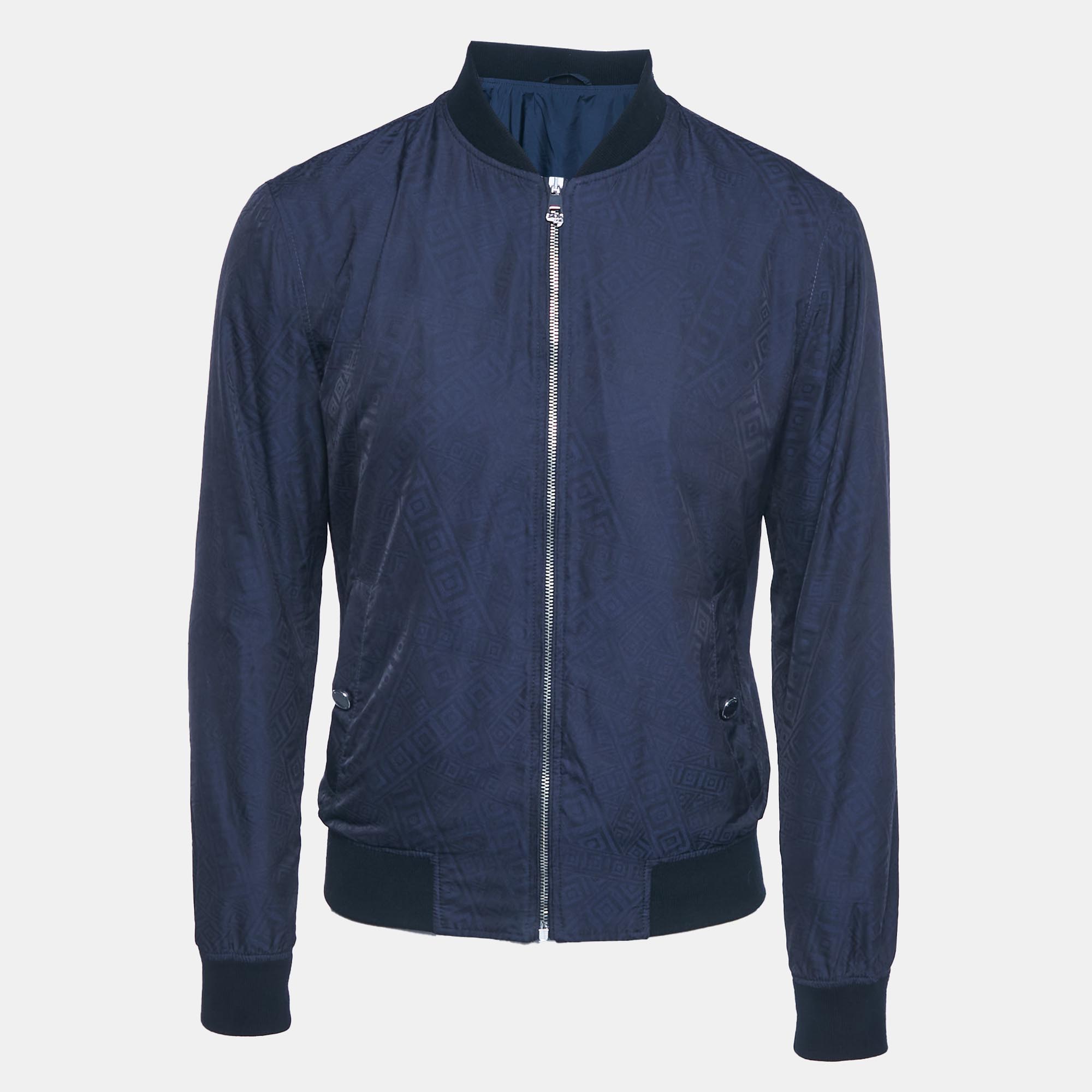 Pre-owned Versace Blue Printed Nylon Bomber Jacket S