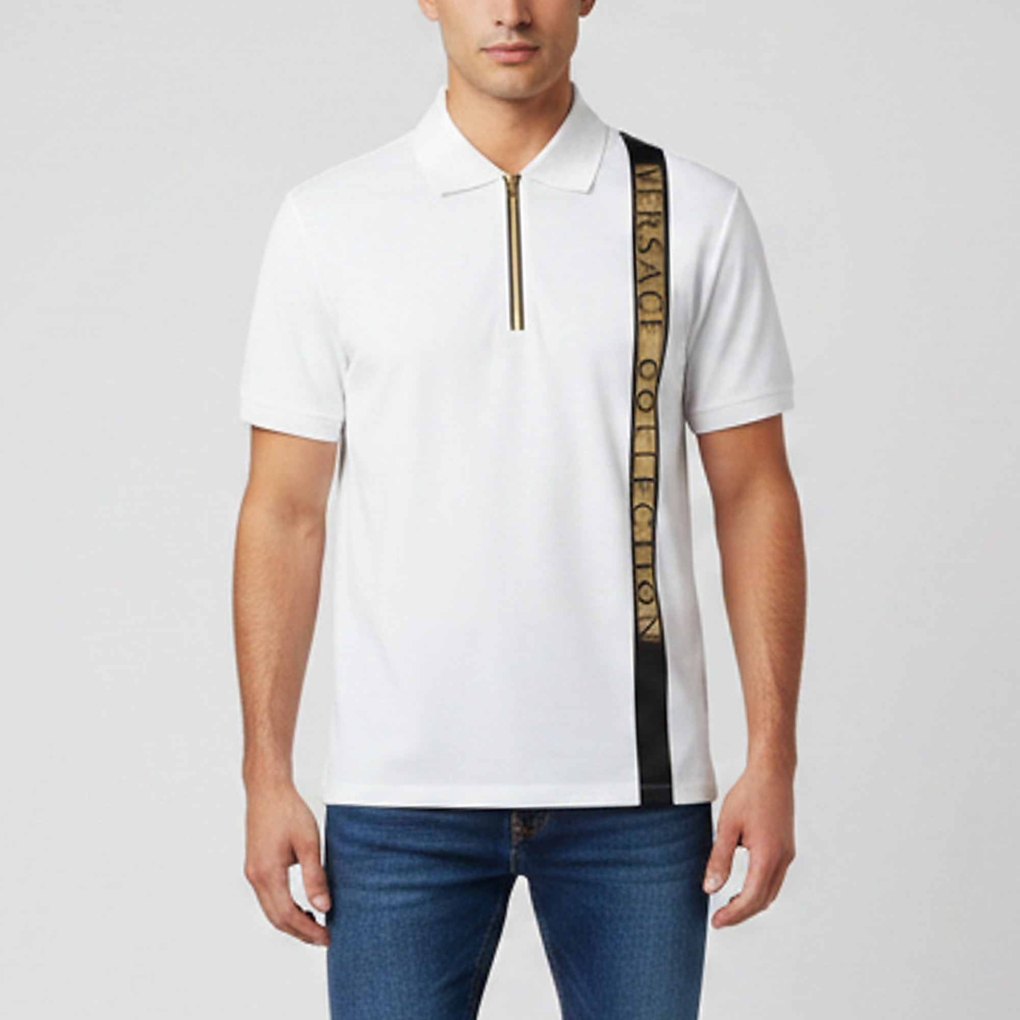 

Versace Collection White Jersey Half-Zip Logo Stripe Polo Shirt L