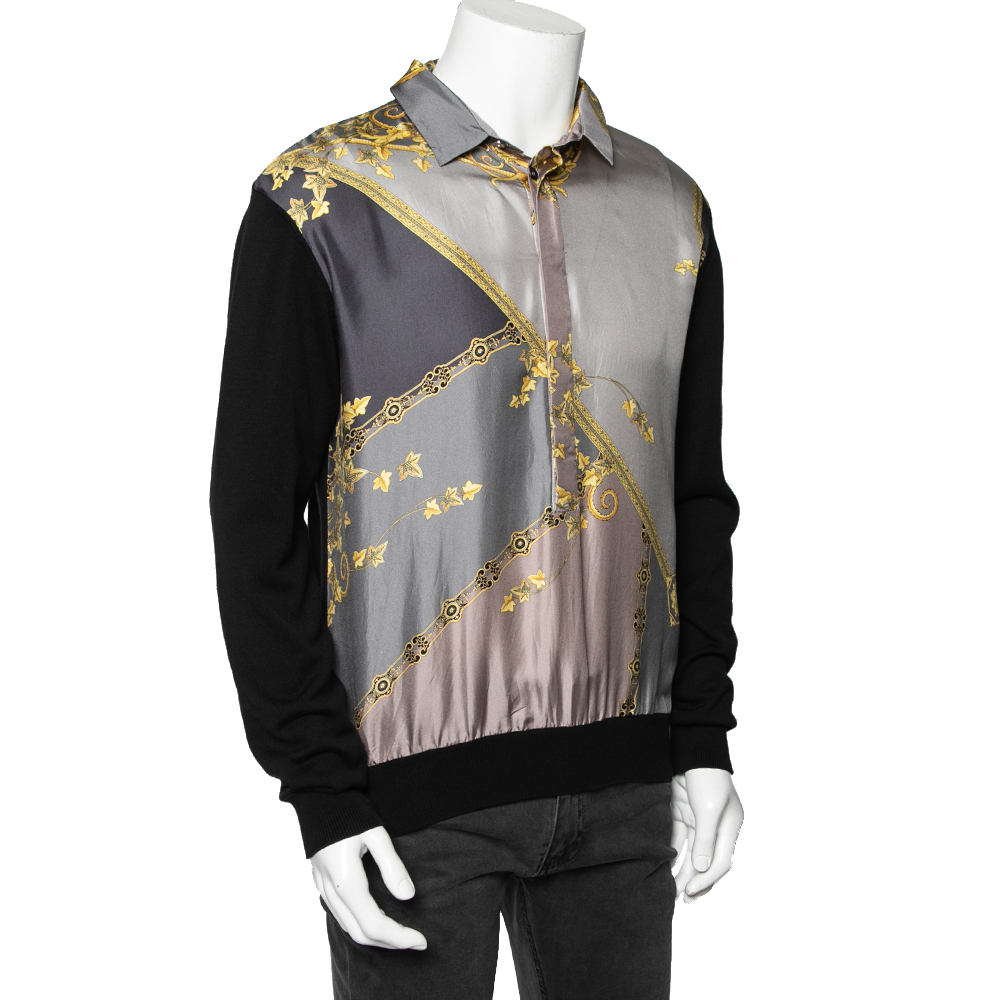 

Versace Collection Black Knit & Baroque Printed Silk Paneled Button Front Pullover