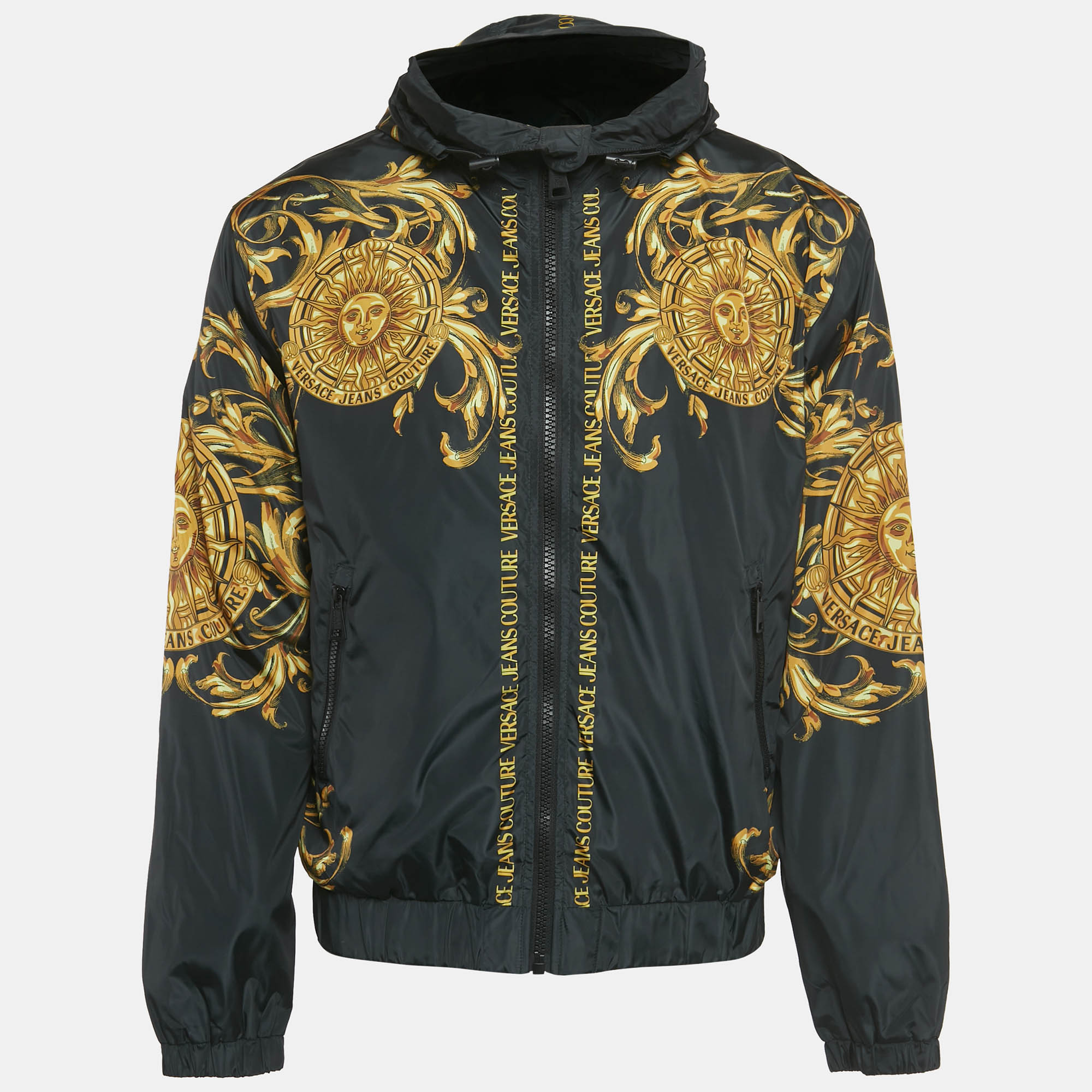 Versace Jeans Couture Black Sun Baroque Print Synthetic Zip-Up Hooded Jacket S