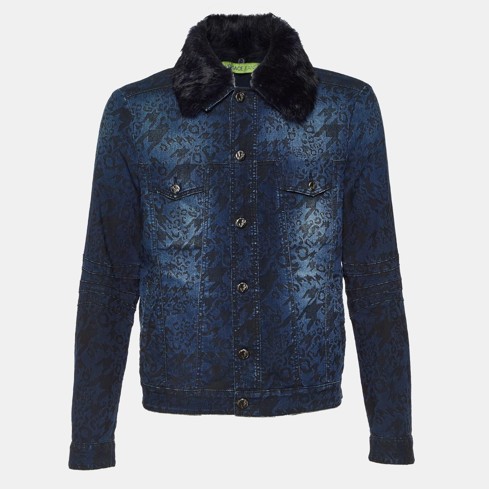 

Versace Jeans Blue Jacquard Denim Detachable Fur Collar Jacket XL