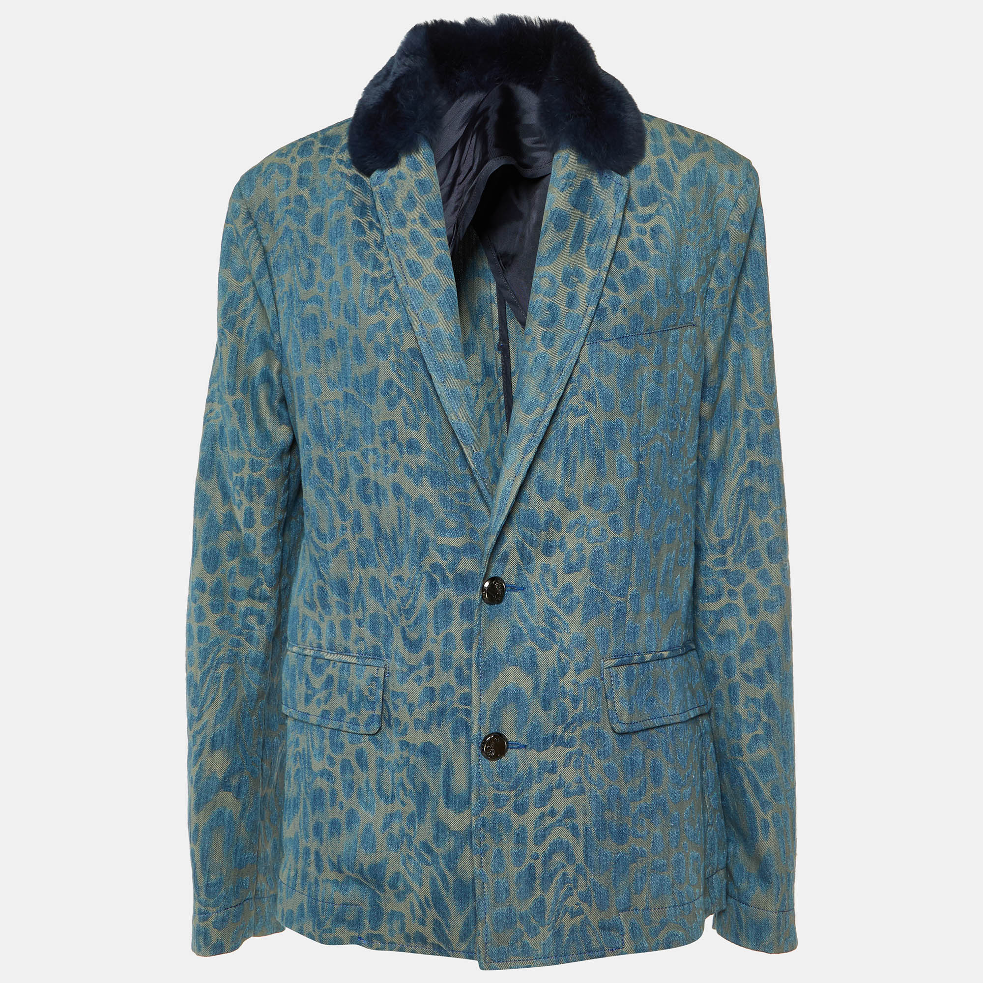 

Versace Jeans Blue Leopard Pattern Denim Fur Trim Jacket M