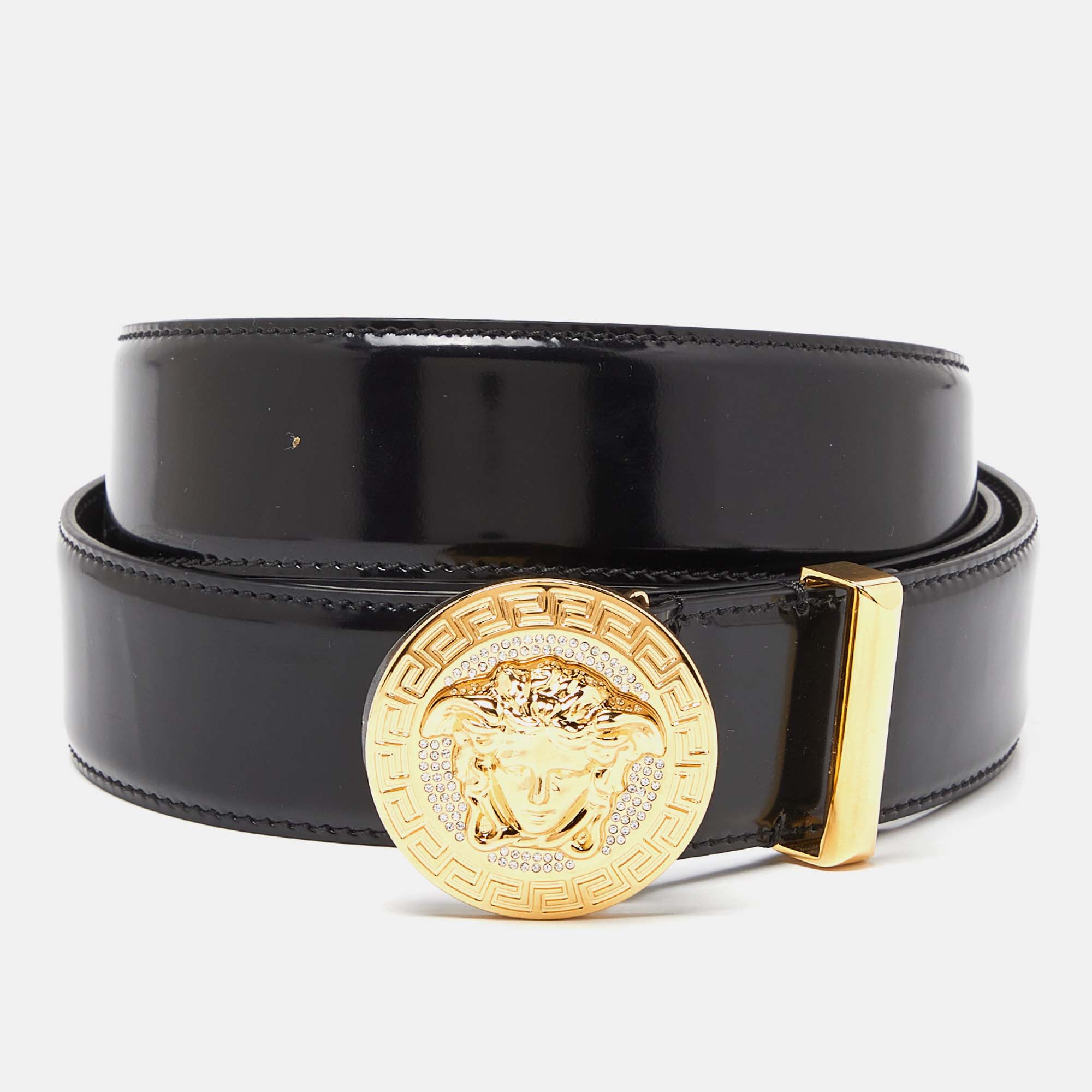 

Versace Black Leather Patent Medussa Head Buckle Belt
