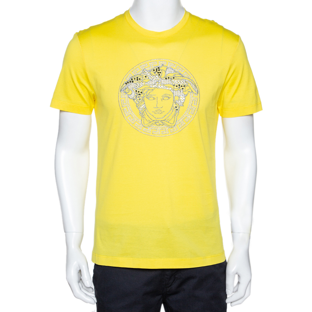Versace Neon Yellow Cotton Jersey Embroidered Medusa Logo T-Shirt M