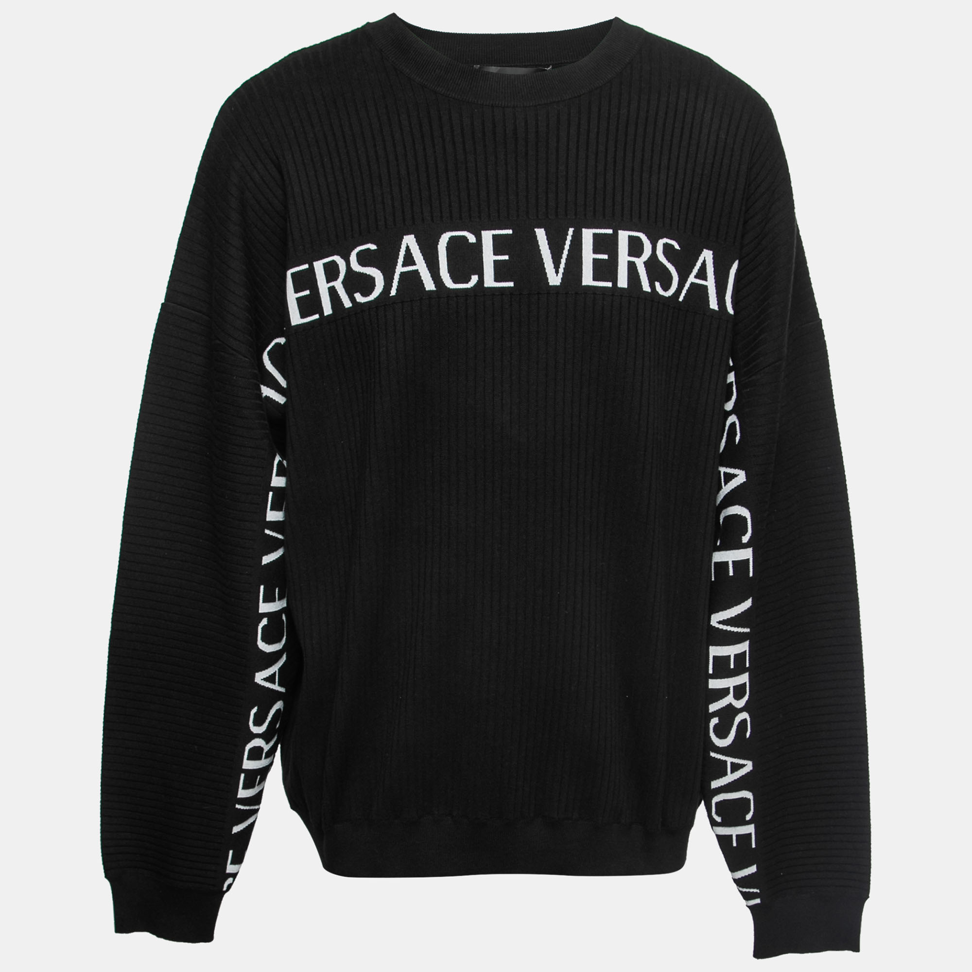 Pre-owned Versace Black Ribbed Cotton Logo Sweater 4xl