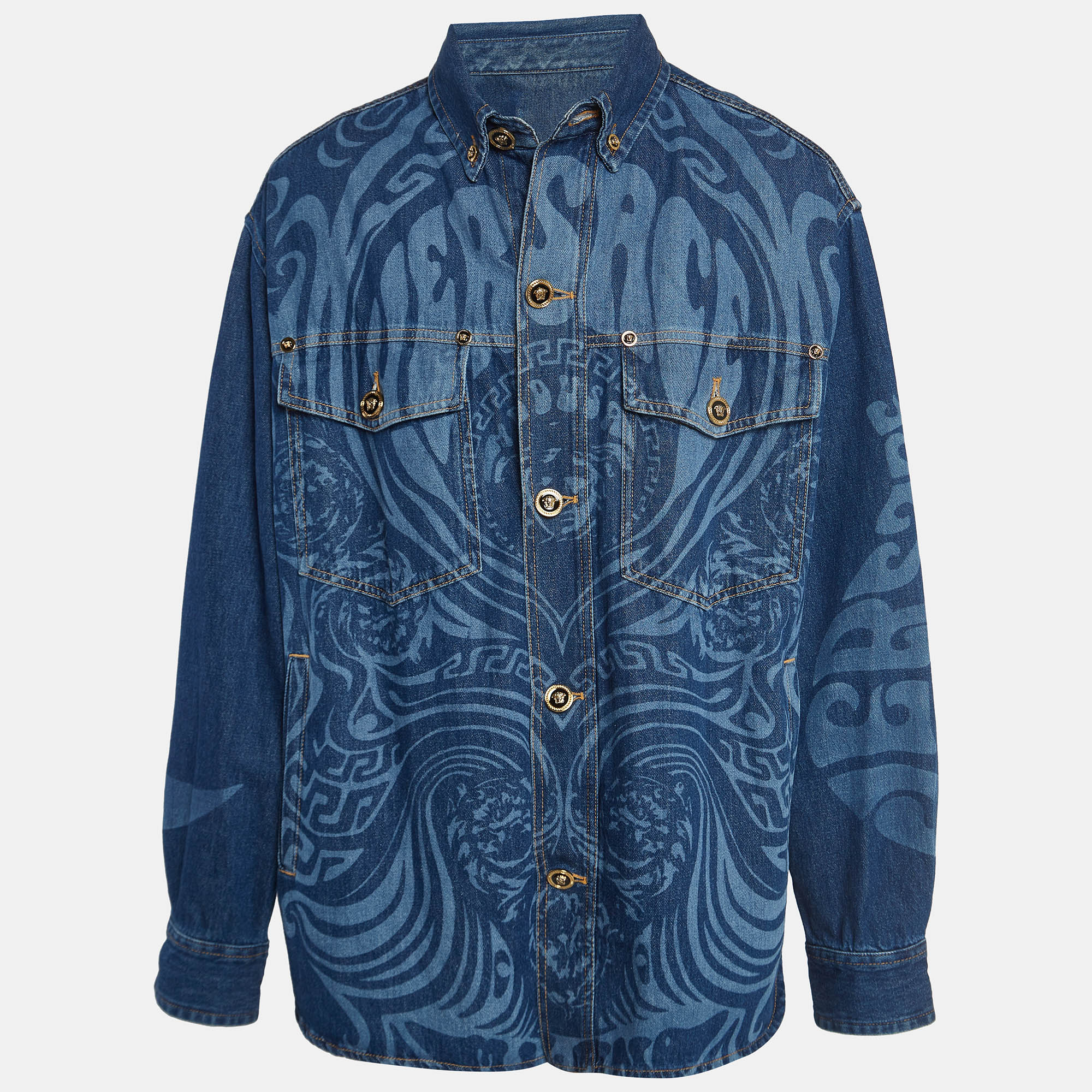 Pre-owned Versace Blue Printed Denim Jacket Xl