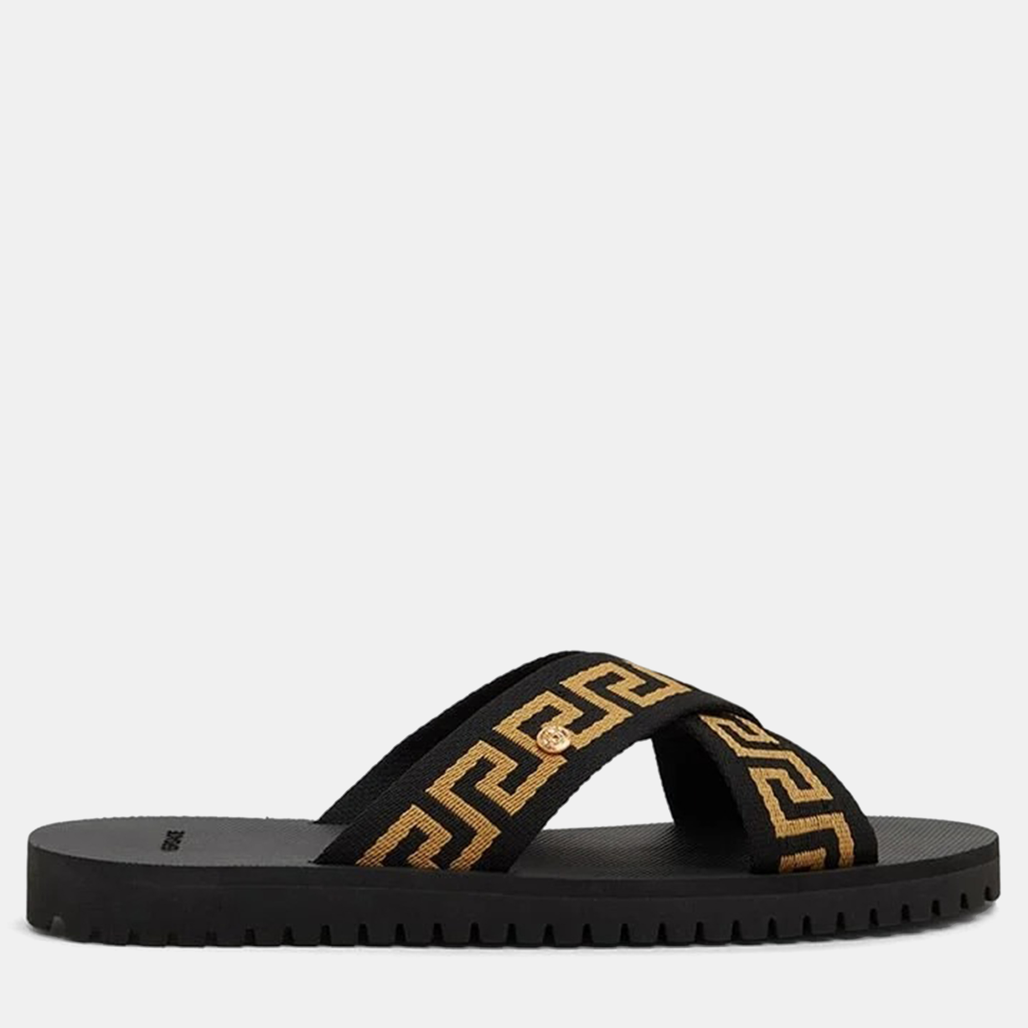 Pre-owned Versace Nastro Greca Black Leather Sliders