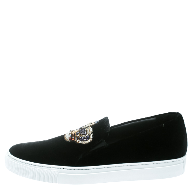 

Versace Black Velvet Crystal Embellished Corona Slip On Sneakers Size