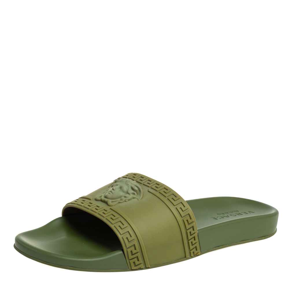 Pre-owned Versace Olive Green Rubber Medusa Slip On Sandal Size 45